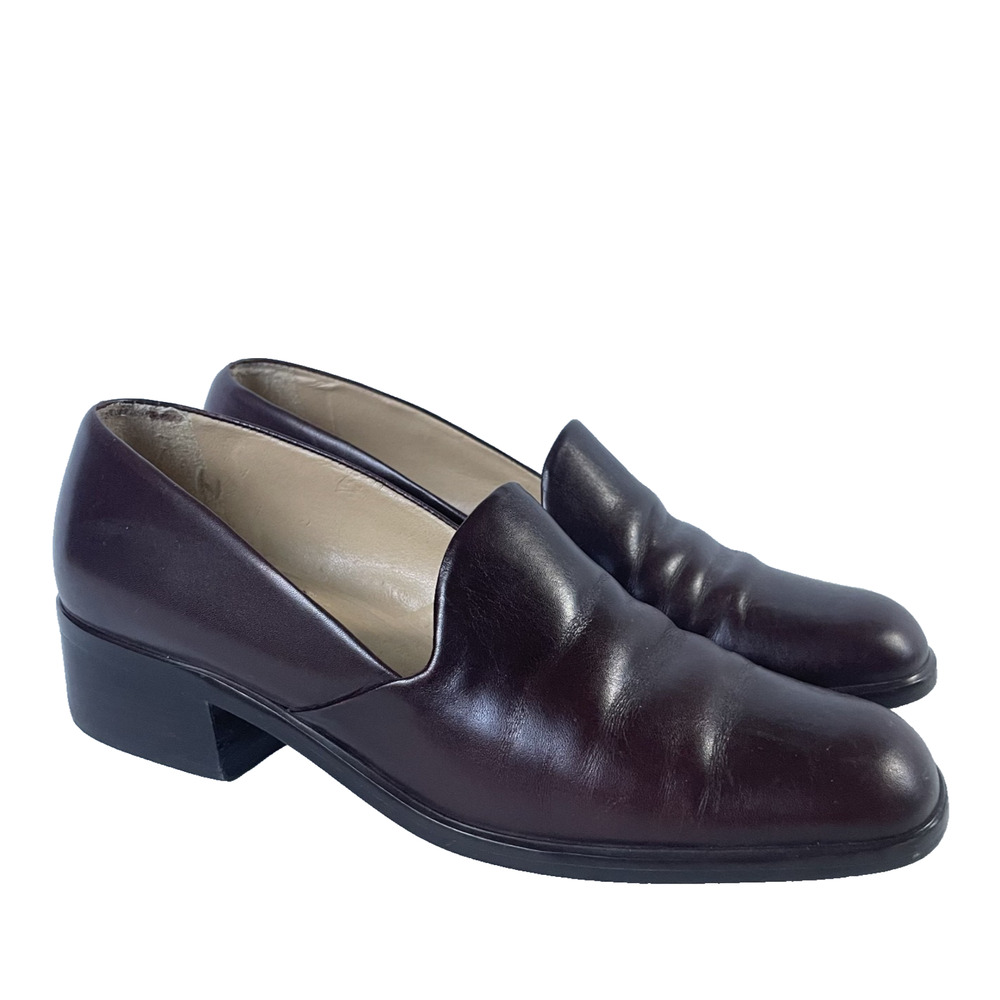 Nine West Womens Loafers 6M Burgundy Leather Block Heel Academia Retro Preppy